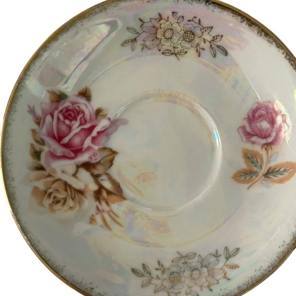 Choice Imports Vintage Floral Teacup and Saucer Set Gold Trim Iridescent‎ Rose